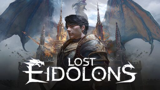 A warrior in shining armor stands before a towering castle, while a dragon soars menacingly overhead. The text boldly proclaims: Lost Eidolons.