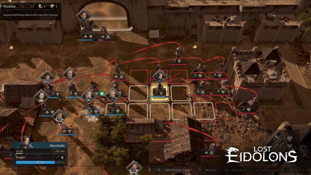 In this screenshot of Lost Eidolons, immerse yourself in the tactical RPG experience with its detailed battle grid, comprehensive character stats, and strategic paths.