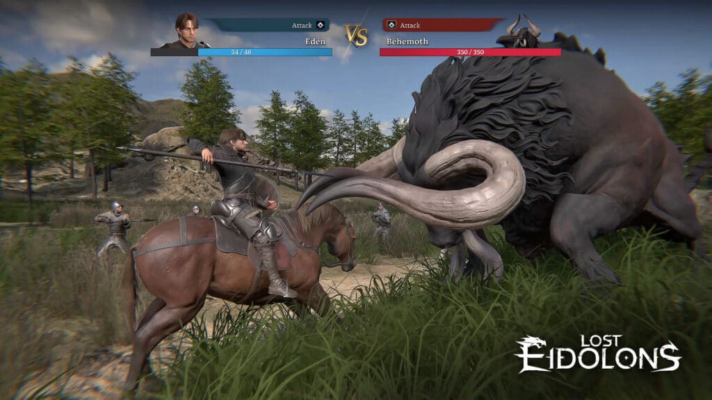 In a mystical forest, a knight on horseback courageously battles a large horned beast, reminiscent of the legendary creatures from Lost Eidolons.