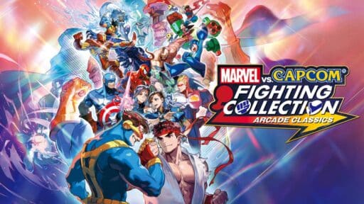 Vivid poster showcasing Marvel and Capcom icons for the "Marvel vs. Capcom Fighting Collection: Arcade Classics" game.