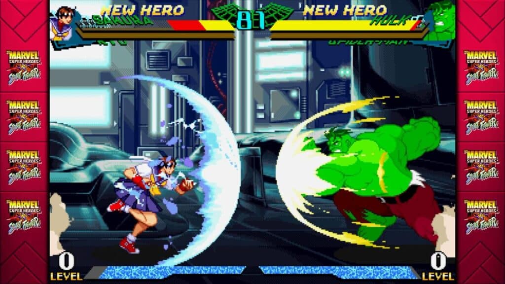 In the Marvel vs. Capcom Fighting Collection: Arcade Classics, two superhero characters, a fighter and a green giant, battle fiercely in a video game arena filled with vibrant special effects.