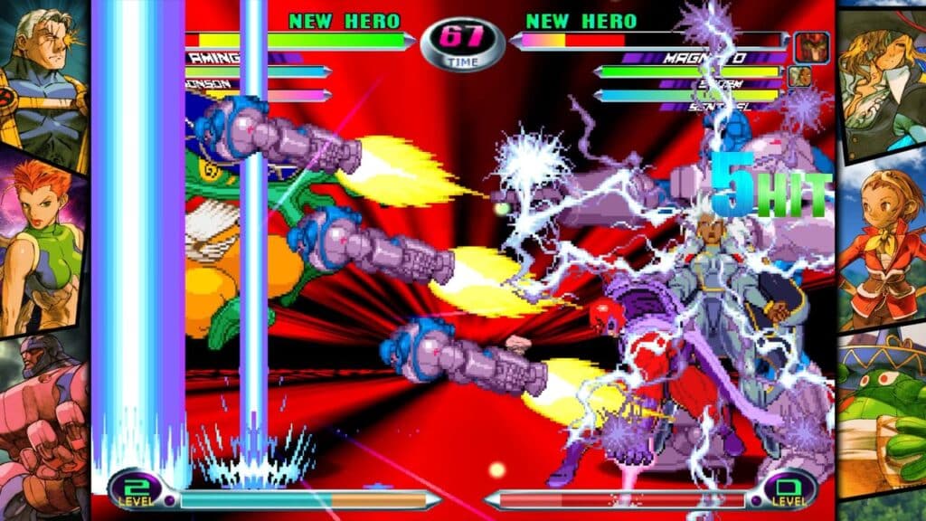 In this vibrant video game battle scene reminiscent of Marvel vs. Capcom Fighting Collection, colorful explosions light up the arcade classics setting as characters unleash special powers in epic dynamic clashes.