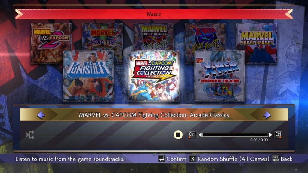 A video game menu showcases the Marvel vs. Capcom Fighting Collection: Arcade Classics, featuring a lineup of Marvel and Capcom titles alongside a music player control bar.