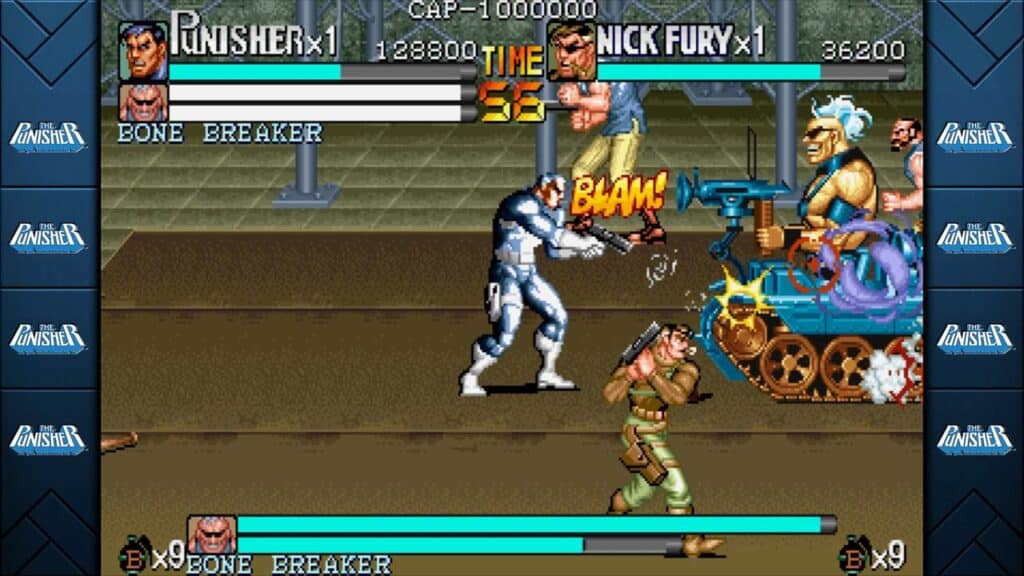 In a vibrant retro video game scene reminiscent of the Marvel vs. Capcom Fighting Collection: Arcade Classics, a costumed hero clashes fiercely with a soldier wielding a machine gun, as pixelated sparks fly amidst their intense battle.