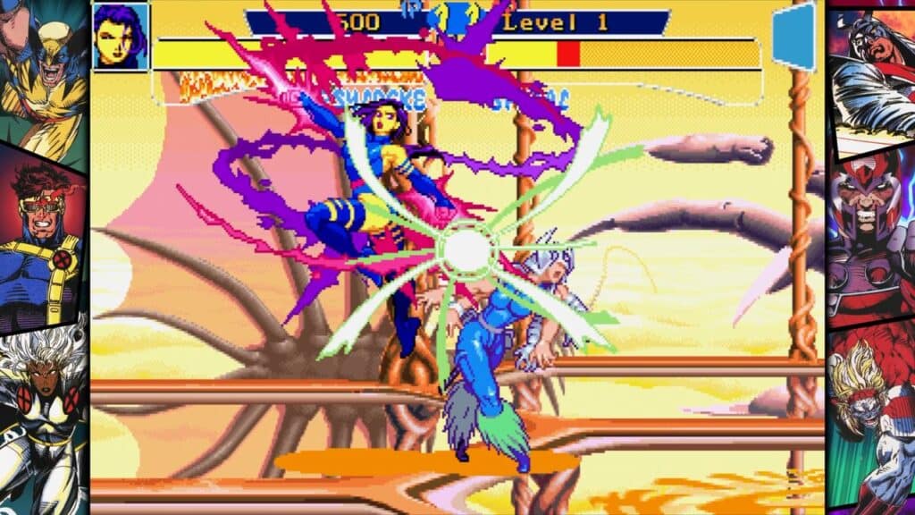 A scene from Marvel vs Capcom Fighting Collection Arcade Classics where two characters clash in a colorful, dynamic battle scene straight out of the Marvel vs. Capcom Fighting Collection: Arcade Classics, capturing that nostalgic retro-style video game vibe.