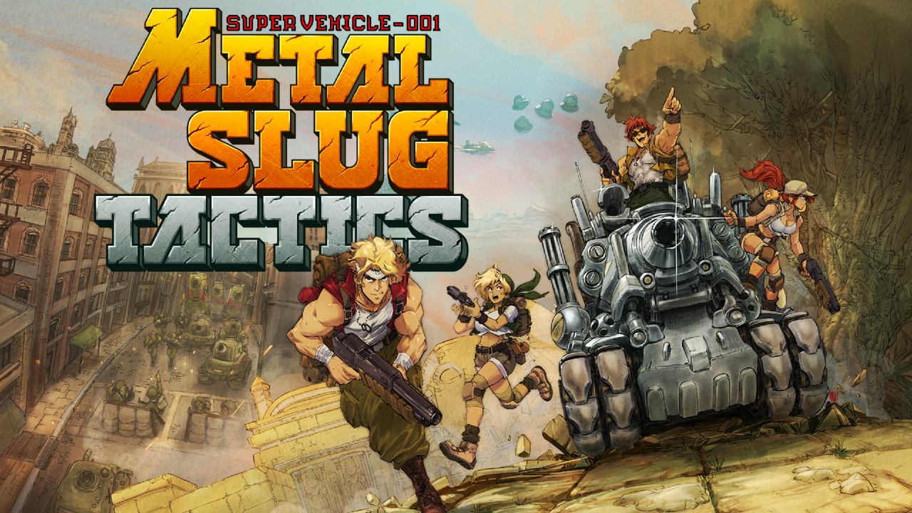 Game cover art for Metal Slug Tactics showcases armed characters and a tank strategically poised in an urban setting, ready to engage in tactical warfare.