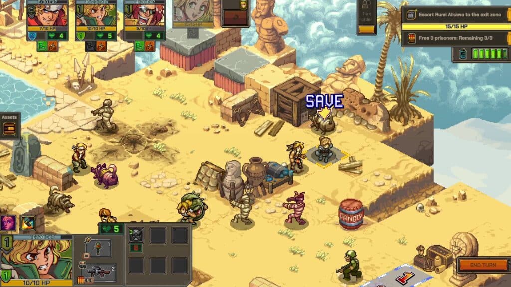 Experience the pixel art style of tactical RPG Metal Slug Tactics, featuring characters navigating a desert map with engaging strategic battles. Keep an eye on health bars and the "SAVE" icon as you maneuver through intricate challenges.