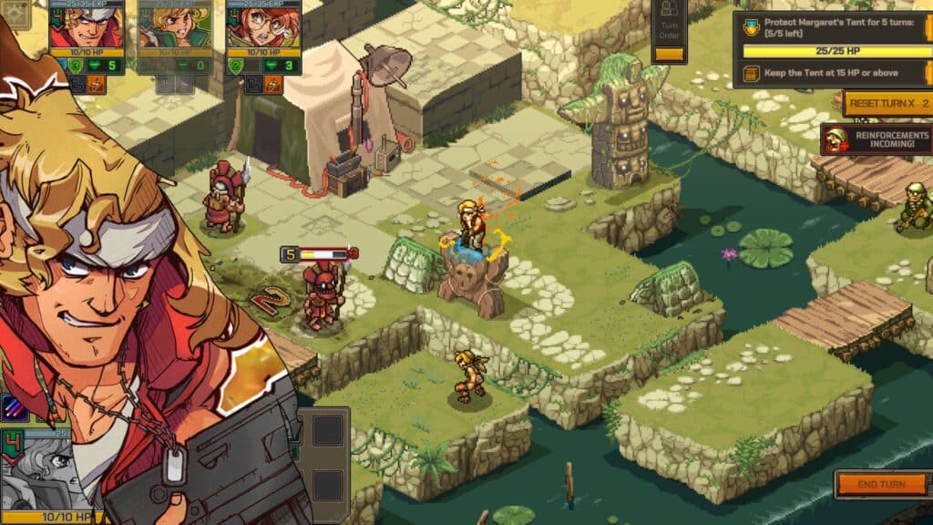 In Metal Slug Tactics, soldiers maneuver strategically on a grid map, navigating through ruins and forests all bordered by shimmering waters.