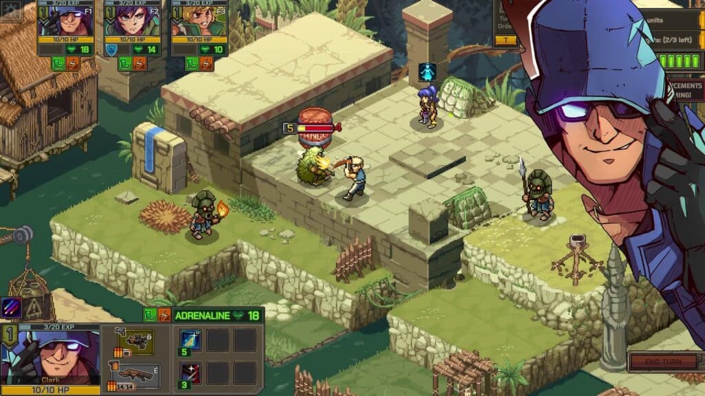 Experience the pixel art-style game Metal Slug Tactics, featuring characters in combat on a stone platform, complete with vibrant health bars and a strategic inventory system.