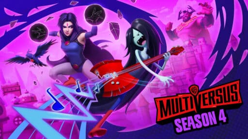 Cartoon characters with magical powers rock out with guitars in a vibrant purple scene for MultiVersus Season 4, bringing an electrifying burst of energy to this enchanted multiverse.