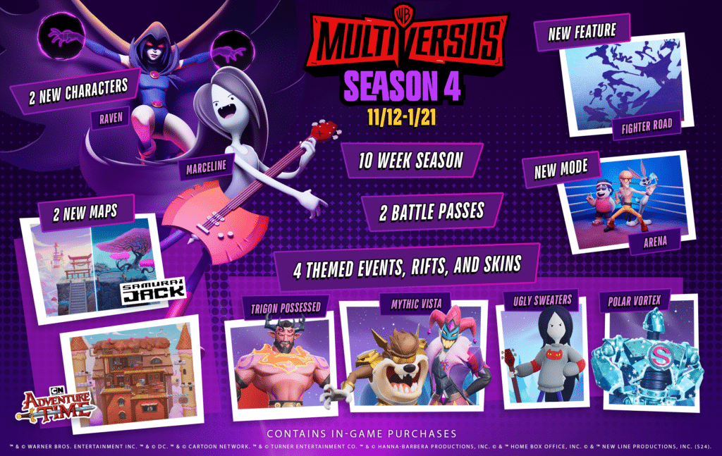 The vibrant MultiVersus Season 4 poster showcases an exciting lineup of new characters, maps, features, and themed events that promise endless adventure.