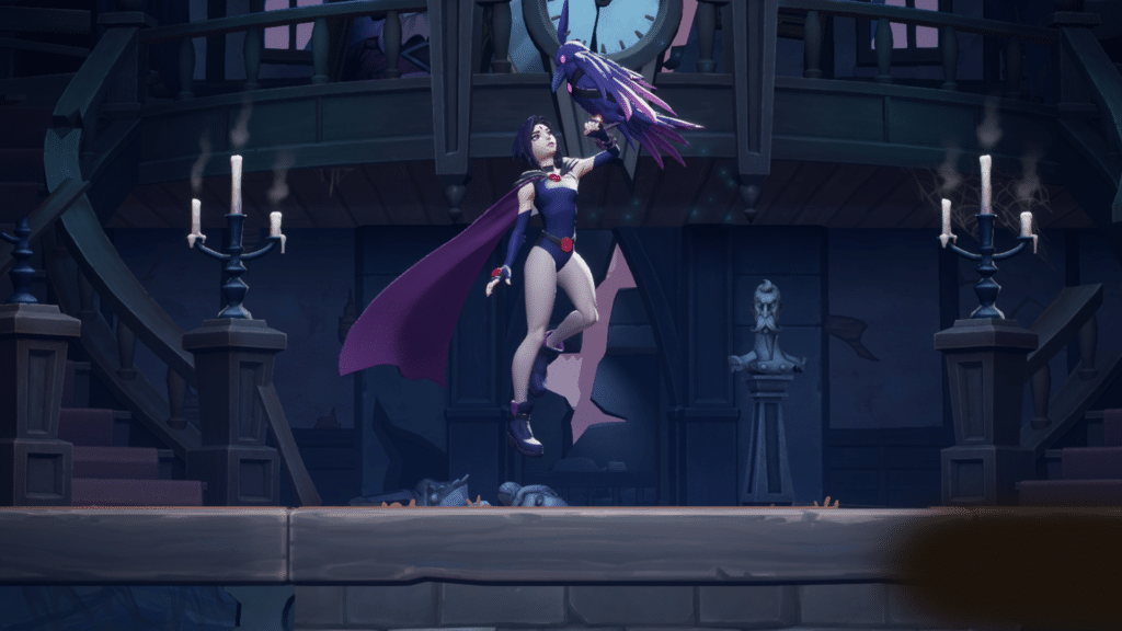 In a dimly lit room with stairs and candelabras, a purple-clad woman levitates while holding a staff, as if she's stepped out of the mystical world of MultiVersus Season 4.