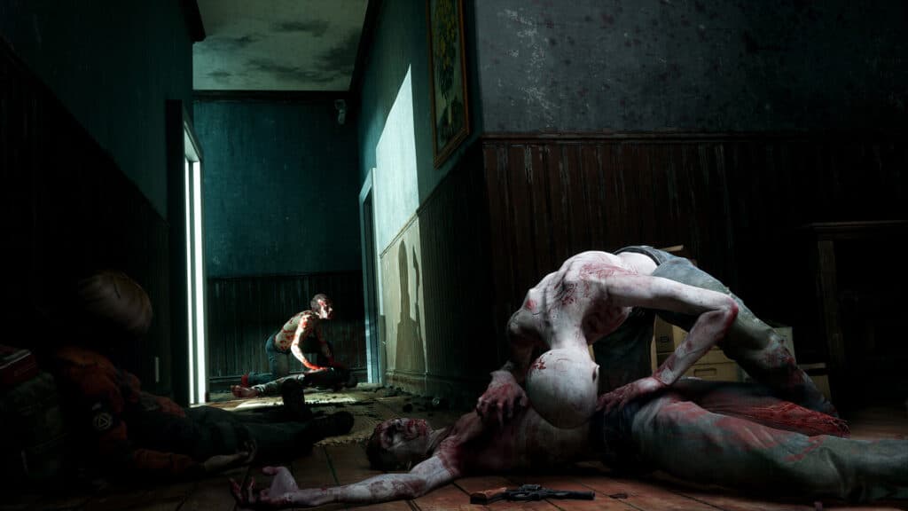 In the dimly lit hallway, where blood-covered figures and debris paint an unsettling scene, it's as if No More Room in Hell 2 has come to life, immersing you in its tense and haunting atmosphere.