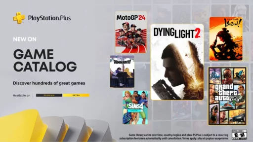 PlayStation Plus games promotion featuring MotoGP 24, Dying Light 2, Grand Theft Auto V, and The Sims 4.