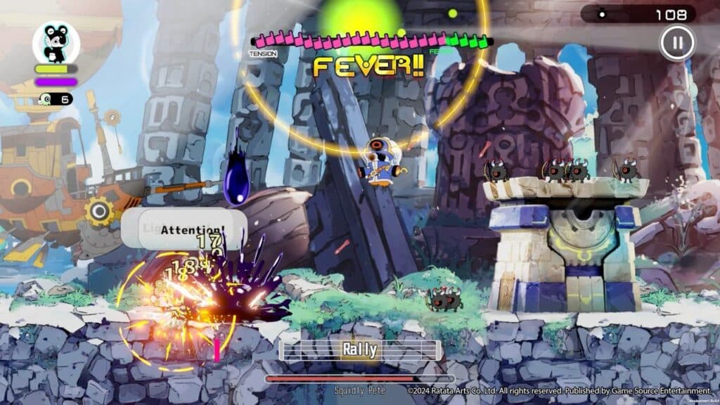 In a vibrant video game scene, the character leaps and battles monsters amidst a ruined cityscape, all with fever mode electrifying the action. As anticipation builds for the RATATAN release date, players are immersed in relentless excitement.