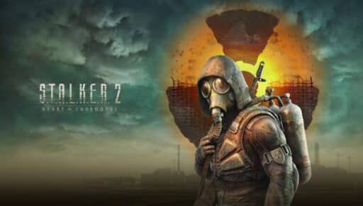 A figure in a gas mask and hood stands before an industrial landscape, the sky ablaze, promoting "STALKER 2: Heart of Chornobyl.