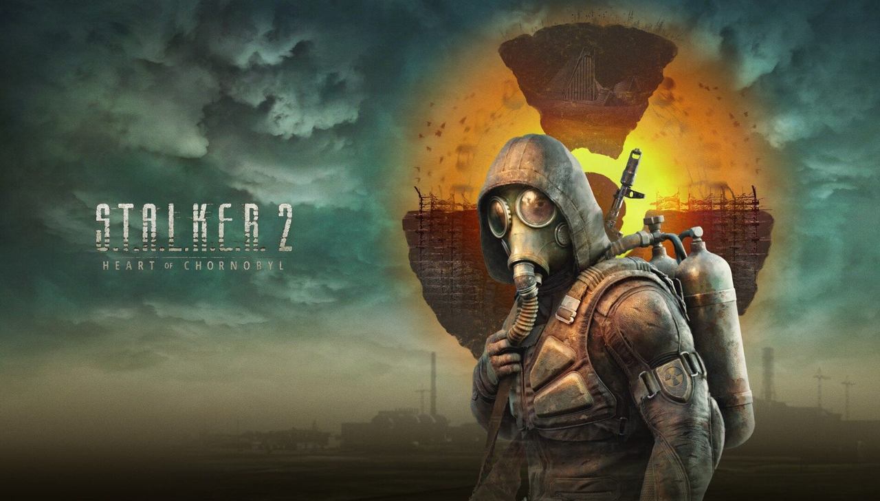 A figure in a gas mask and hood stands before an industrial landscape, the sky ablaze, promoting "STALKER 2: Heart of Chornobyl.