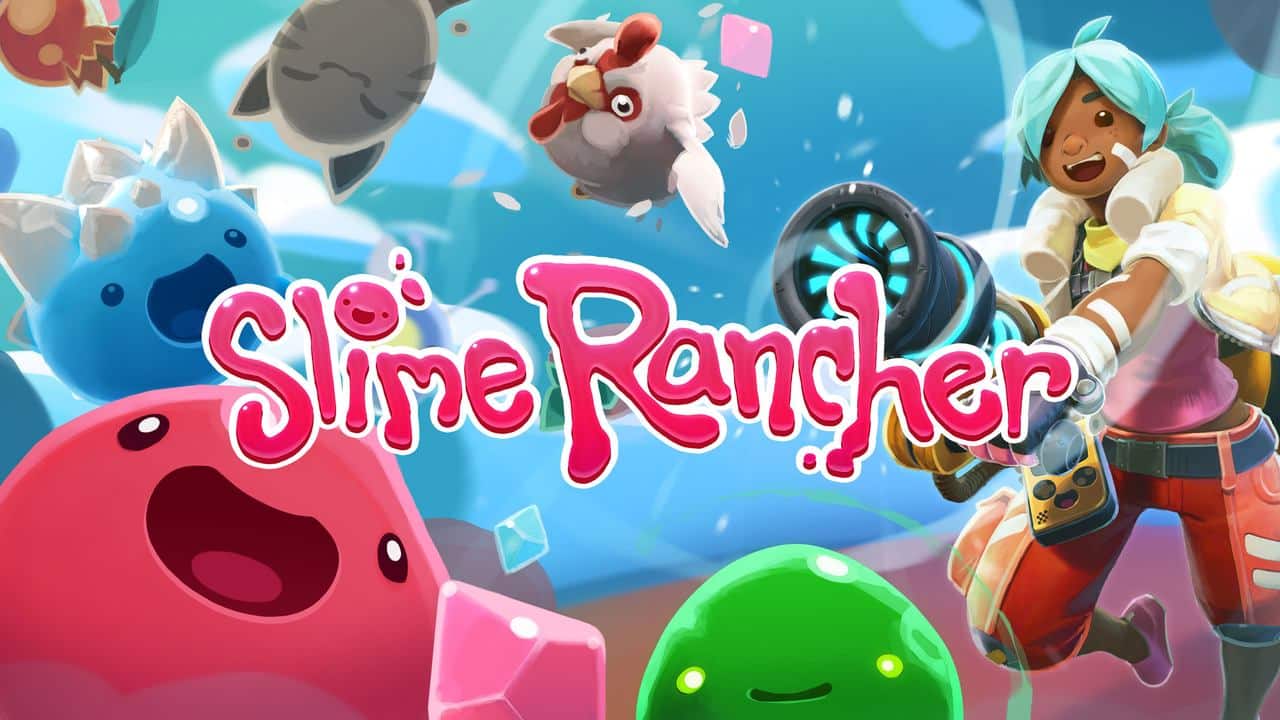 The vibrant cover art of "Slime Rancher" showcases an array of playful slimes alongside a character with teal hair wielding a gadget.