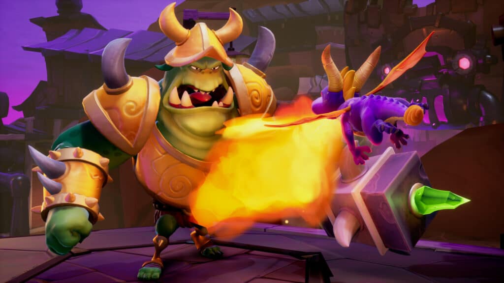 A large armored creature with horns wields a sword as Spyro, reminiscent of Spyro from the Reignited Trilogy, breathes fire toward it.