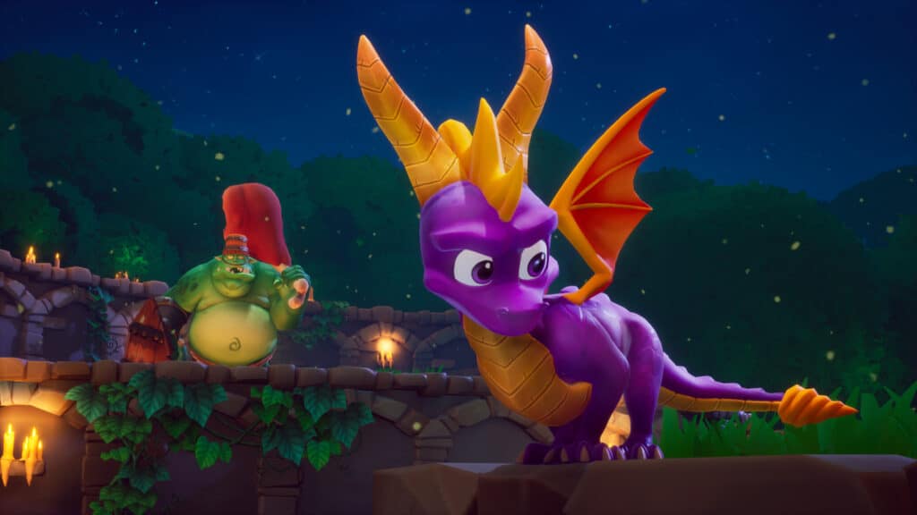 In a scene reminiscent of the Spyro Reignited Trilogy, a purple dragon with striking orange wings stands majestically on stone, while a mysterious green creature lurks in the background under the moonlit night.