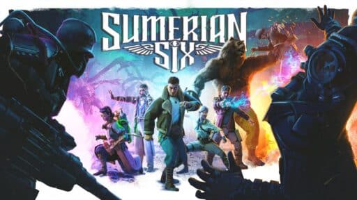 Illustration of characters in dynamic action poses, surrounded by vibrant colors with the bold text "Sumerian Six" prominently above them.