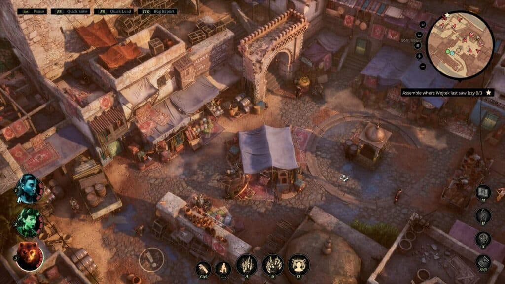 Aerial view of a bustling Sumerian Six marketplace in a video game, where characters navigate vibrant stalls and treasures while a map in the top right corner guides their journey.