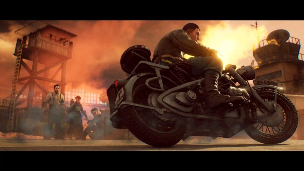 A man rides a motorcycle in an action scene with a dramatic fiery background, fiercely pursued by members of the elusive Sumerian Six.