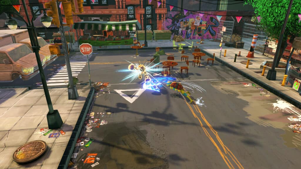 In a dynamic street scene, vibrant graffiti illuminates the night while streetlights cast a glow over tables. Near the crosswalk, a character bursts into action, reminiscent of Teenage Mutant Ninja Turtles: Mutants Unleashed.