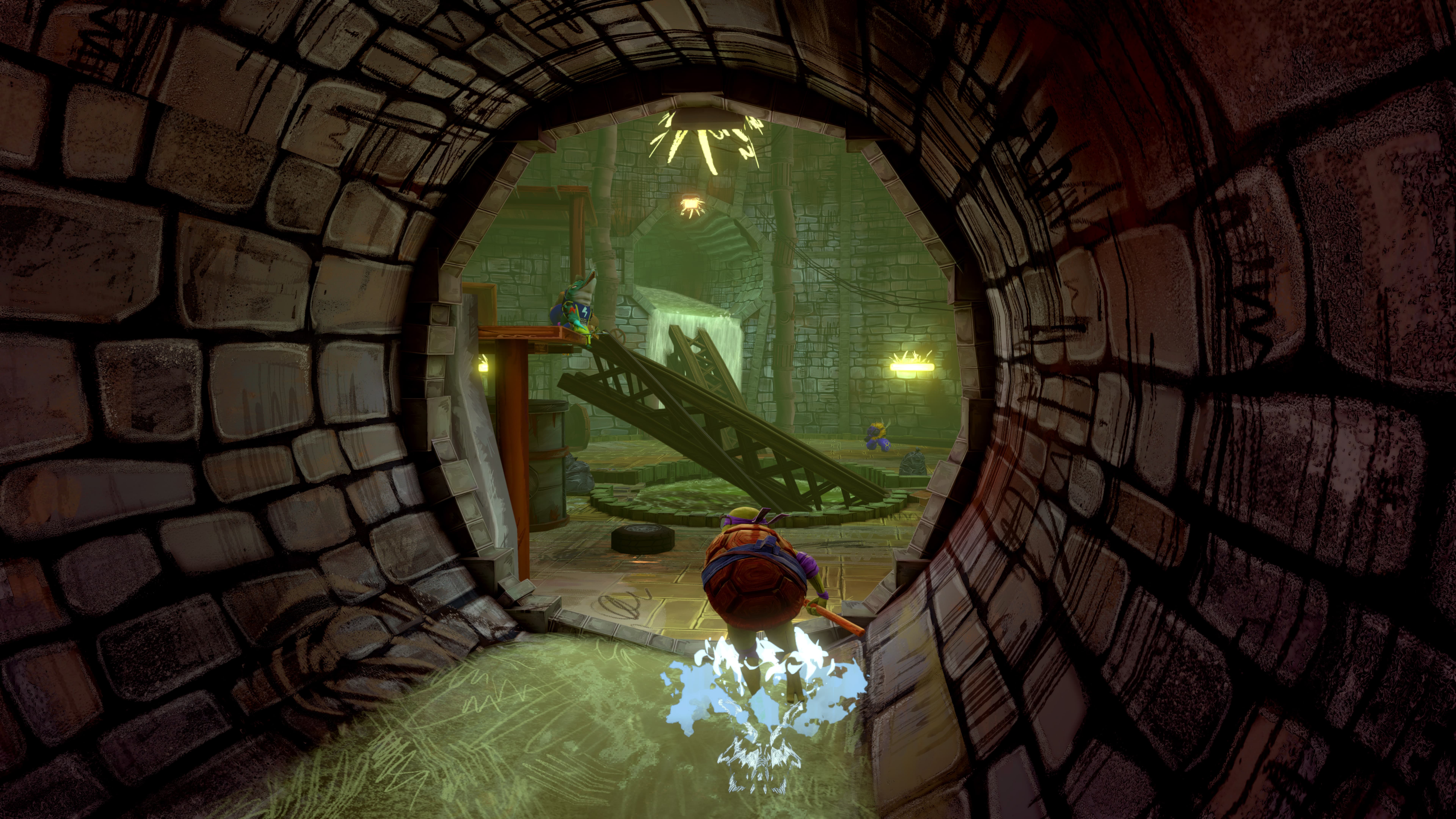 A turtle skates through a sewer tunnel toward an underground lair with ramps, platforms, and glowing lights, reminiscent of the thrilling action in Teenage Mutant Ninja Turtles: Mutants Unleashed.