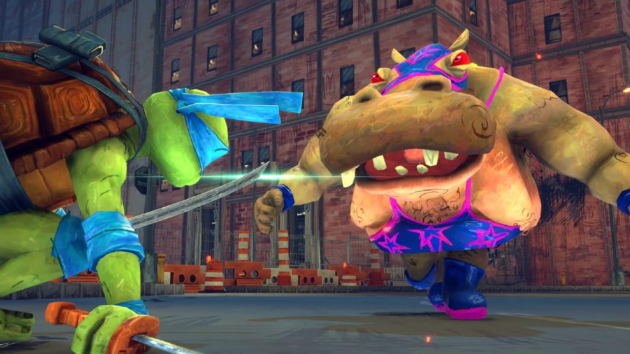 In a vibrant city street, a turtle warrior, reminiscent of the Teenage Mutant Ninja Turtles: Mutants Unleashed, confronts a large, colorful hippopotamus. Both are locked in dynamic battle poses, exuding strength and determination in this epic showdown.