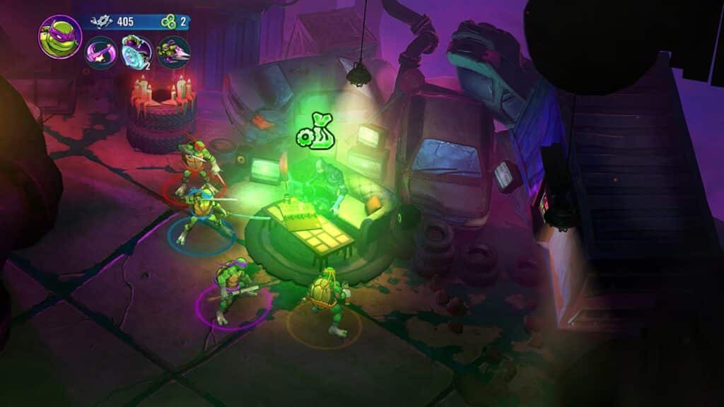 In the cluttered garage-like room, the Teenage Mutant Ninja Turtles: Splintered Fate unfolds as the four turtle characters eagerly explore a glowing green table.