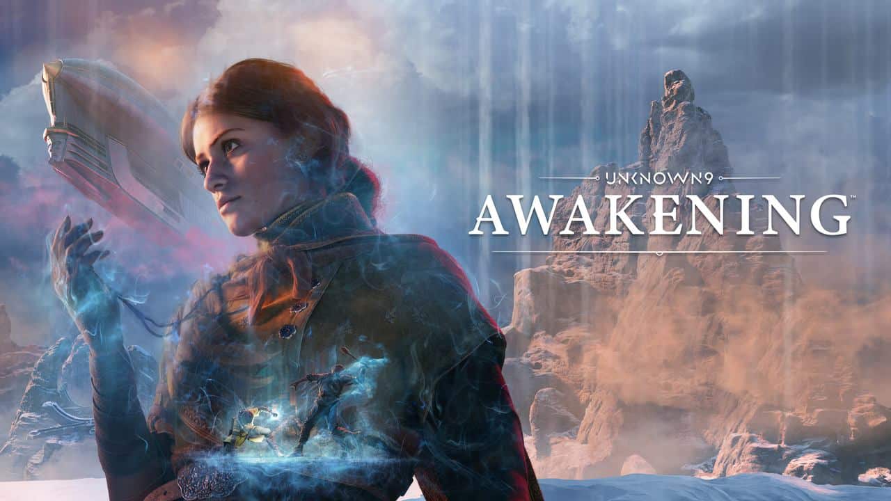 In a snowy landscape, a woman holds a glowing artifact, the words "Unknown9: Awakening" subtly emerging in the background.