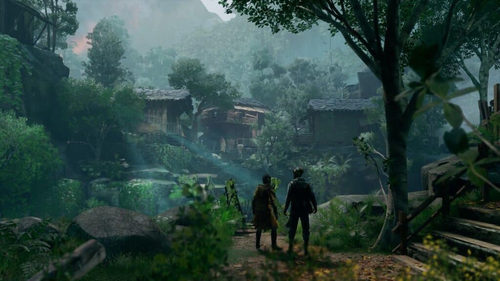 In the heart of a lush forest, two travelers stand captivated by an unknown village. Wooden houses dot the landscape, surrounded by vibrant greenery under a misty sky—an enchanting scene that feels like an awakening in this timeless realm from Unknown 9: Awakening.