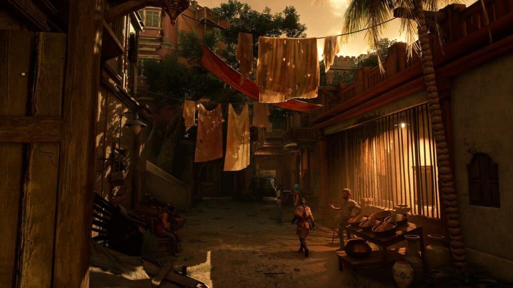 A sunlit alley with hanging laundry, pottery, and people conversing in the midst of lush greenery creates a scene reminiscent of Unknown 9: Awakening.