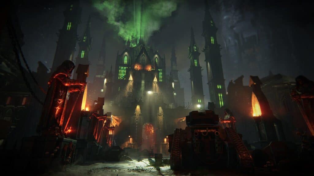 The Darktide Grim Protocols update brings an eerie energy to the fortress with its green glowing lights and tall spires silhouetted against a cloudy night sky.