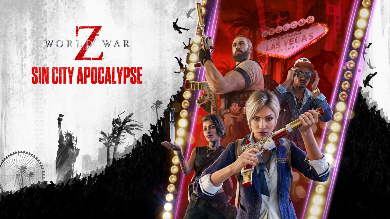 Characters from World War Z: Aftermath Sin City Apocalypse update stand ready in front of a dramatic, stylized Las Vegas backdrop.