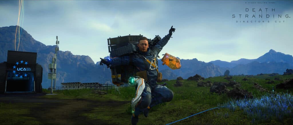 A futuristic delivery person jumps in mid-air on a grassy landscape, carrying a large cargo in "Death Stranding: Director's Cut".