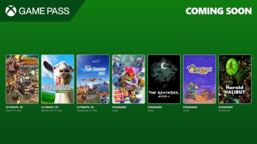 Upcoming Xbox Game Pass games lineup featuring various titles on a green background.