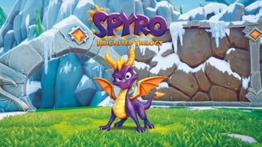 A purple dragon standing on grass, surrounded by icy rocks. Text reads "Spyro Reignited Trilogy.