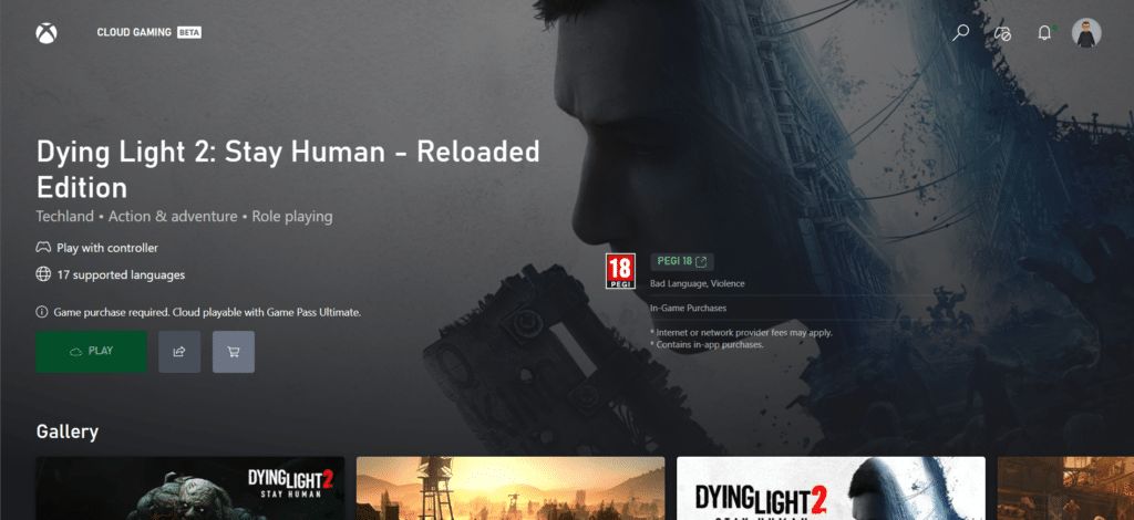 Gaming interface for "Dying Light 2: Stay Human - Reloaded Edition" with play button and game details.