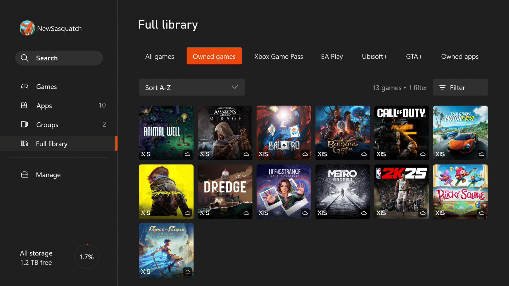 Video game library interface displaying owned games, including titles like Dredge, FIFA 23, and Call of Duty.