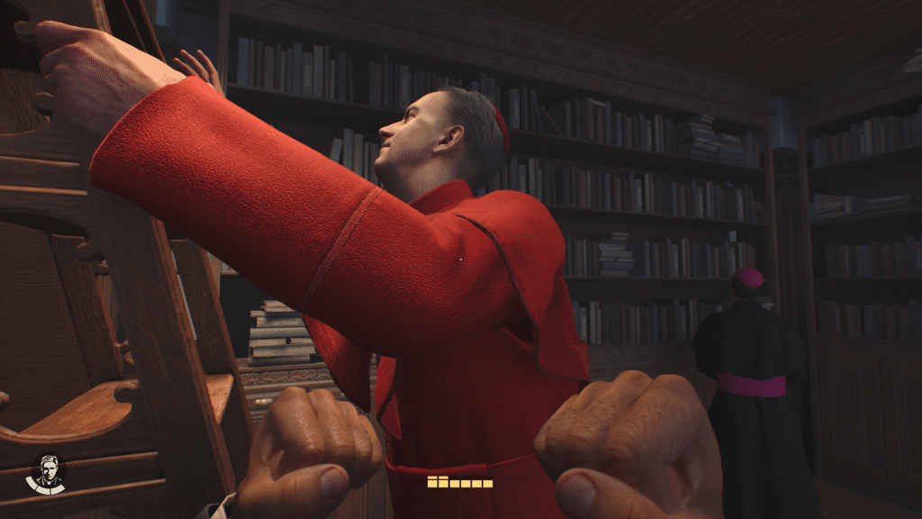 Cardinal in red robe reaching for books on a library shelf, while another stands nearby.