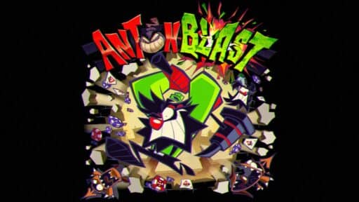 A cartoon ant in sunglasses bursts through a wall, surrounded by brick debris, with the bold "ANTONBLAST" text above.