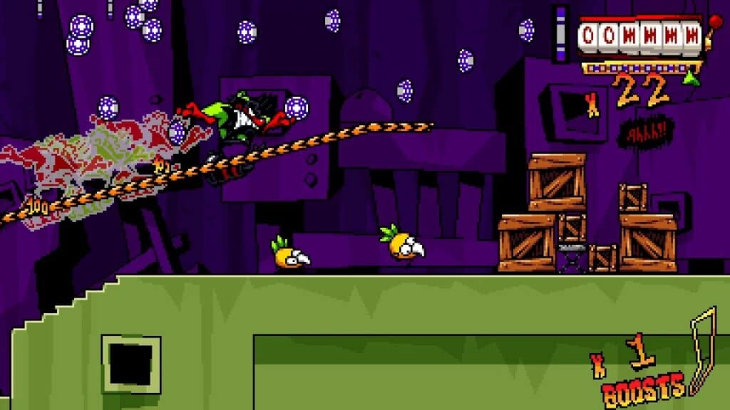 A character in a suit rockets through a purple cave, dodging colorful obstacles and crates in an exhilarating ANTONBLAST adventure.