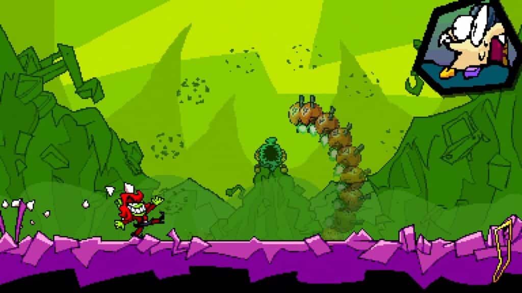 In a vibrant, spiky landscape with a green backdrop, the cartoon character in red from ANTONBLAST skillfully dodges a worm-like creature.