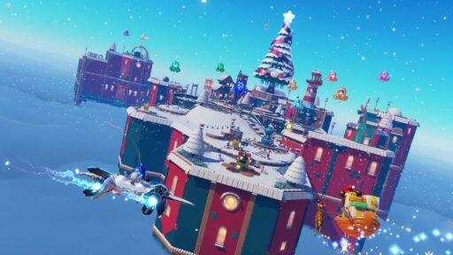 Festive sky scene from the new Astro Bot Winder Wonder update with two characters flying near a snow-covered, holiday-themed castle and a decorated tree.