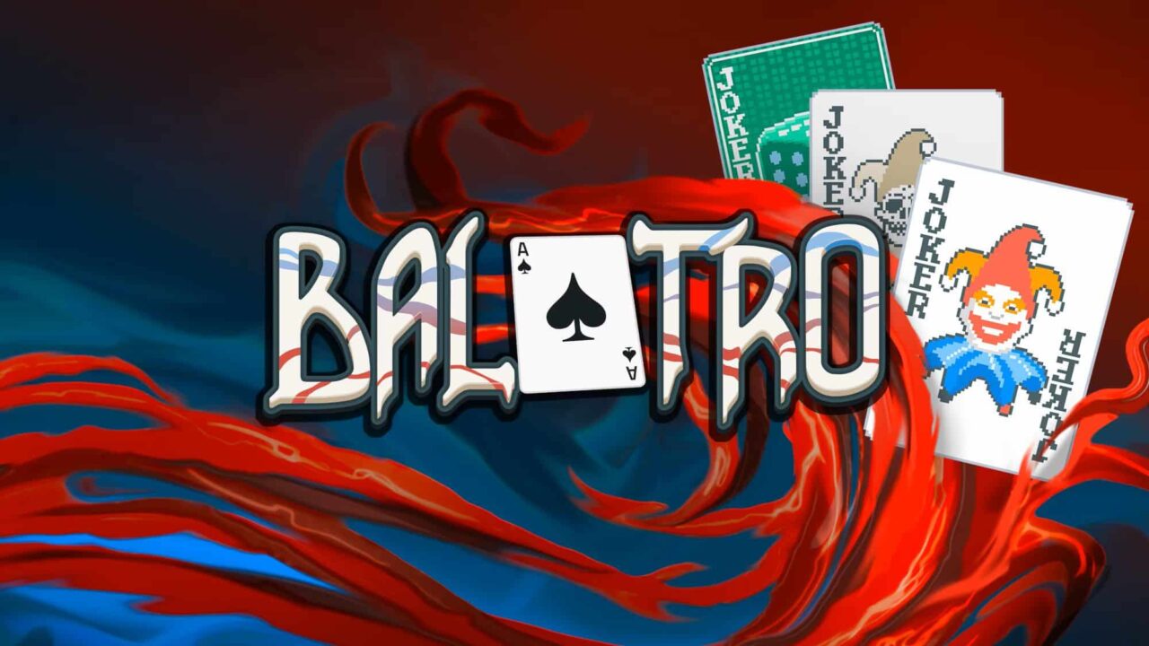 Balatro" text with card designs and a red, flowing background brings the vision to life. Dive into the Balatro review for an in-depth look at the artistry behind this captivating theme.
