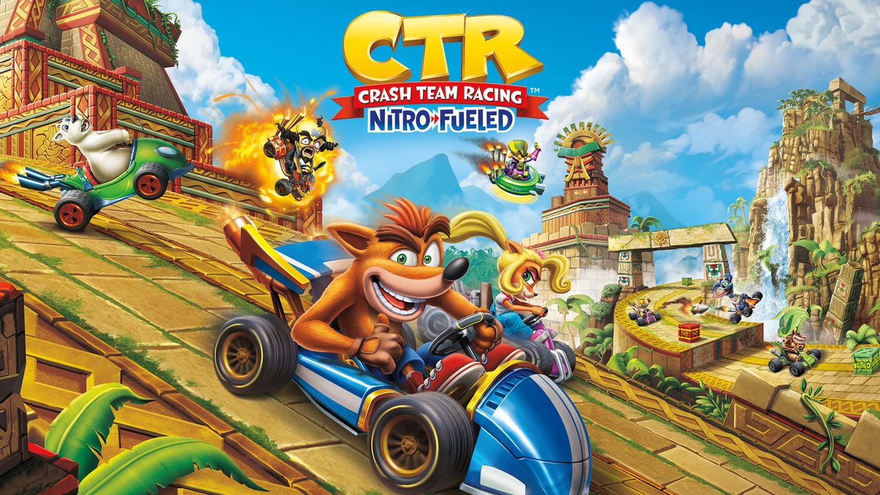 Join the action-packed chaos in CTR Crash Team Racing Nitro-Fueled as characters race through a vibrant, jungle-themed track.