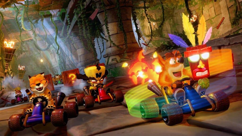 Experience the vibrant thrill of Crash Team Racing Nitro-Fueled, featuring a colorful kart race with anthropomorphic characters like a tiger and a bandicoot speeding through a jungle temple setting.