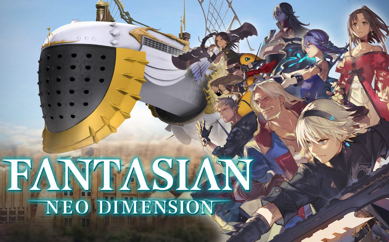 Experience the magic of Fantasian Neo Dimension with this captivating fantasy game poster. Join iconic characters on their adventure aboard a magnificent, large ship that sails through mystical realms and uncharted waters.